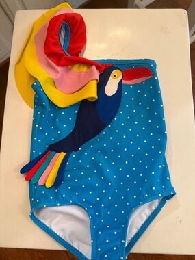 Mini Boden Blue Polka Dot One-Piece Swimsuit with Colorful Toucan